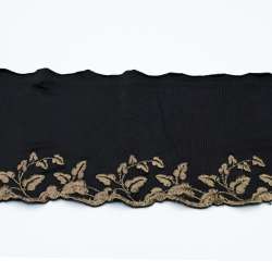 Кружево стрейч черное с бежевыми листьями, ш.11см, 1-стор