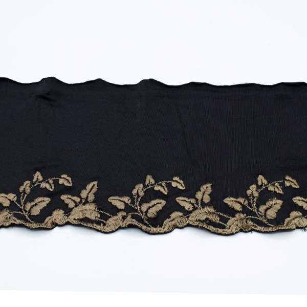 Кружево стрейч черное с бежевыми листьями, ш.11см, 1-стор