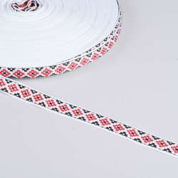 Стрічка оздоблювальна біла с орнаментом 15мм червона 13В19Г27
