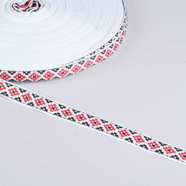 Стрічка оздоблювальна біла с орнаментом 15мм червона 13В19Г27