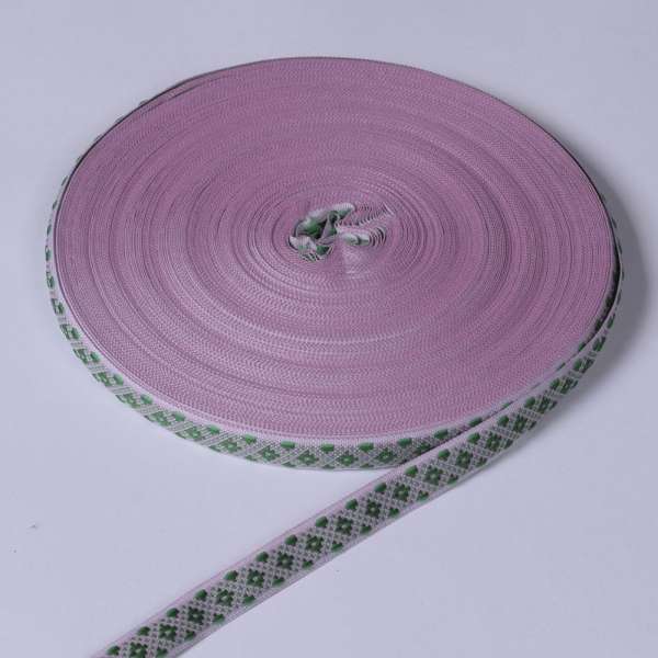 Лента отделочная сиреневая с орнаментом зеленым 15мм 05В21Г27/1