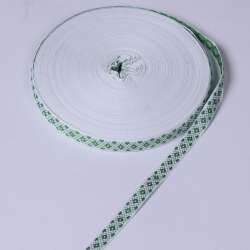 Лента отделочная белая с орнаментом зеленым 15мм 05В21Г27/1