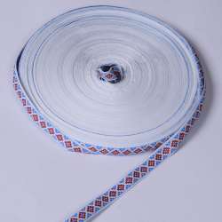 Лента отделочная белая с орнаментом красно-голубым 15мм 13В19Г27