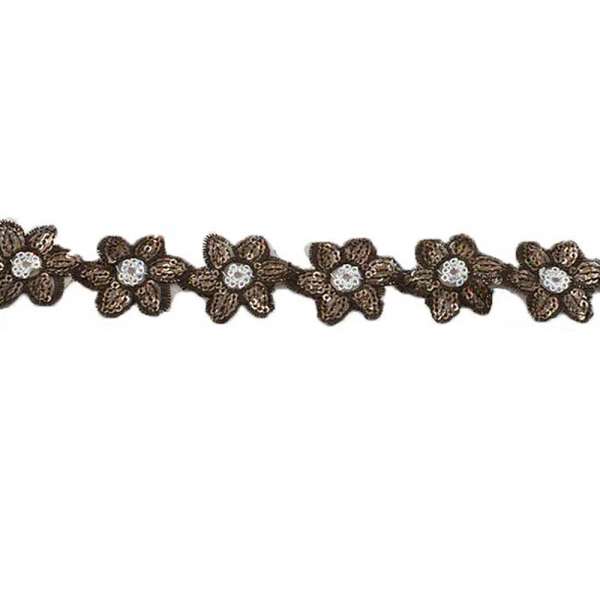 Тесьма пришивная с пайетками на капроне 35 мм цветы коричнево-белая