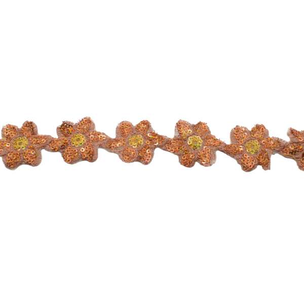 Тесьма пришивная с пайетками на капроне 35 мм цветы оранжево-желтая