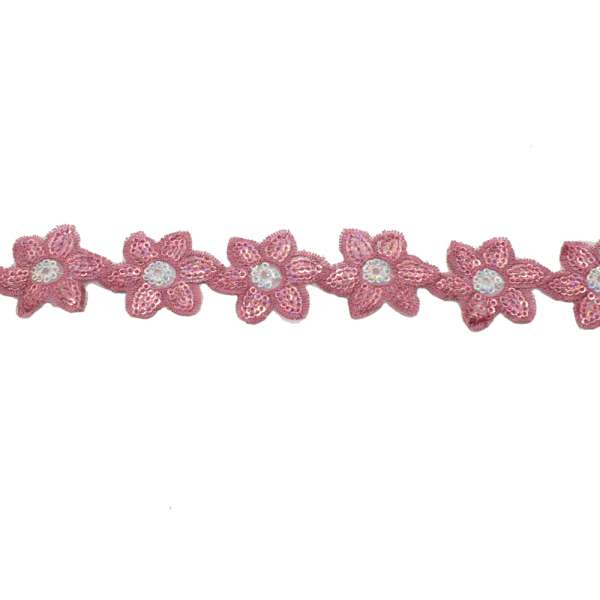 Тесьма пришивная с пайетками на капроне 35 мм цветы розово-белая