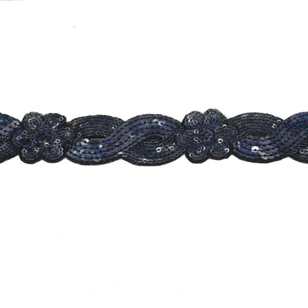 Тесьма пришивная с пайетками на капроне 35 мм волны цветы синяя темная