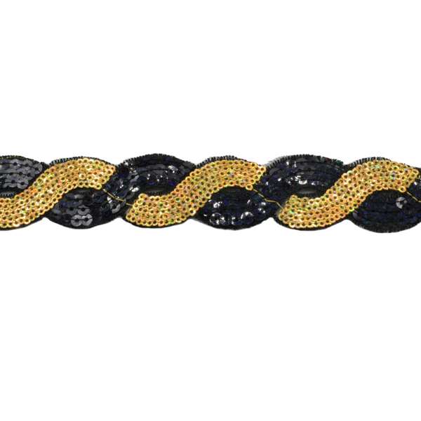 Тесьма пришивная с пайетками на капроне 30мм волны золотистая/синяя темная