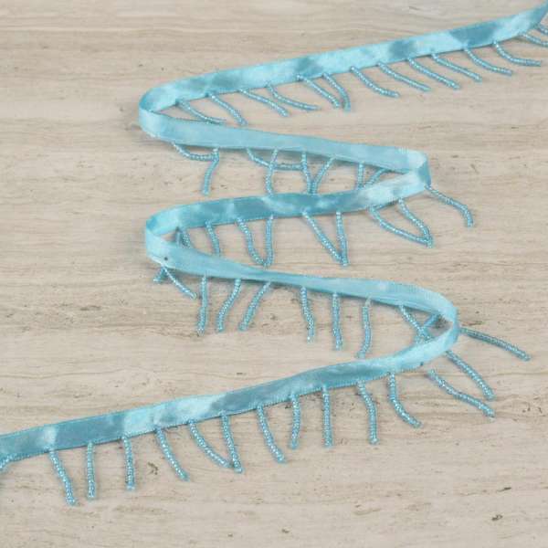 Бахрома бисерная на атласной ленте голубая, голубой бисер