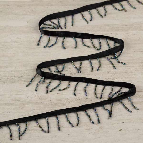 Бахрома бисерная на атласной ленте черная, цветной бисер