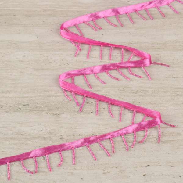 Бахрома бисерная на атласной ленте малиновая, малиновый бисер