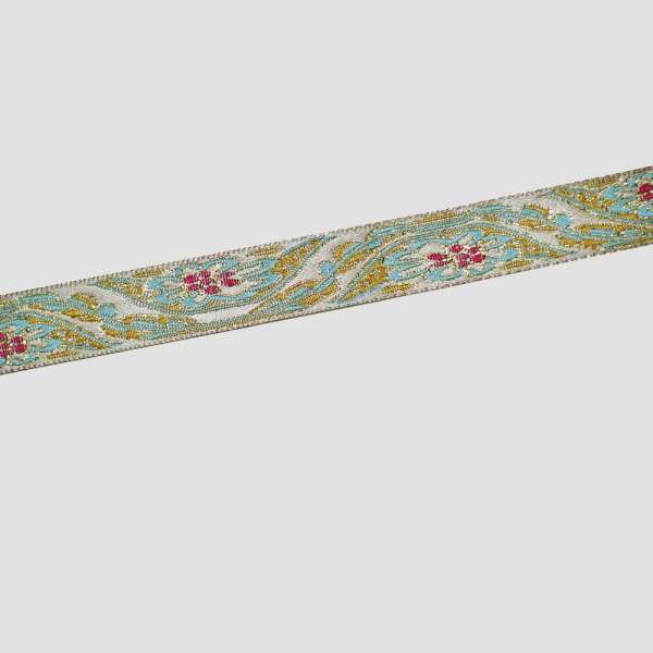 Тесьма жаккардовая с люрексом 15мм золотистым бирюзово-красная