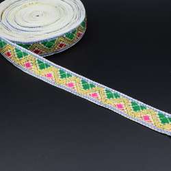 Тесьма жаккардовая с люрексом 22мм розово-зеленая на белом