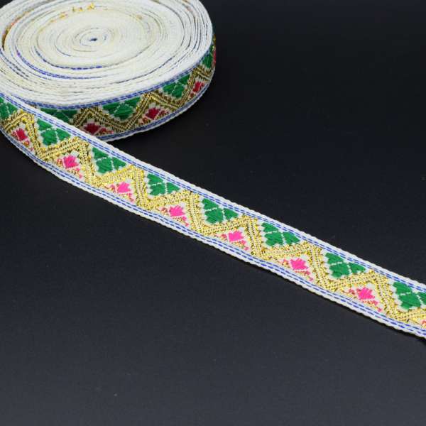 Тесьма жаккардовая с люрексом 22мм розово-зеленая на белом