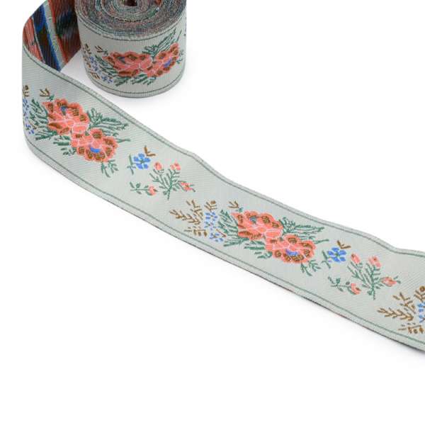 Тесьма жаккардовая 37мм орнамент цветочный на сером