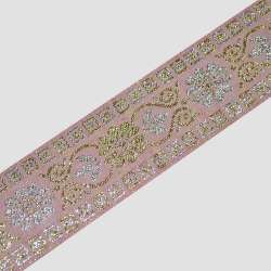 Тесьма жаккардовая с люрексом 36мм с орнамент серебристо-золотистый розовая
