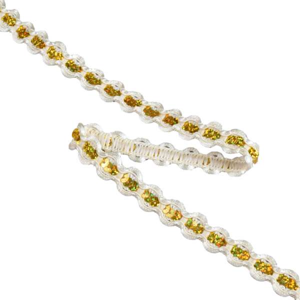 Тесьма с пайетками плетеная 15мм бело-золотая