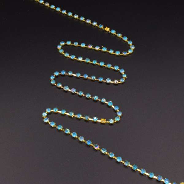 Тесьма со стразами 4 мм радуга 3 мм голубая золото