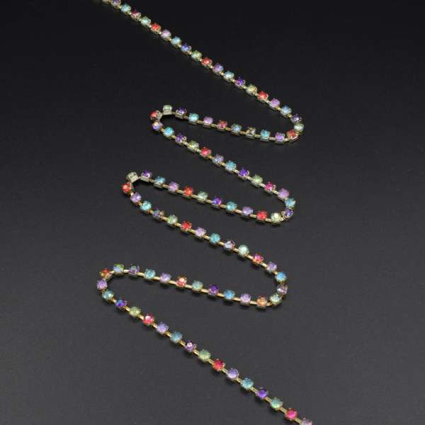 Тесьма со стразами 4 мм радуга 3 мм разноцветная золото