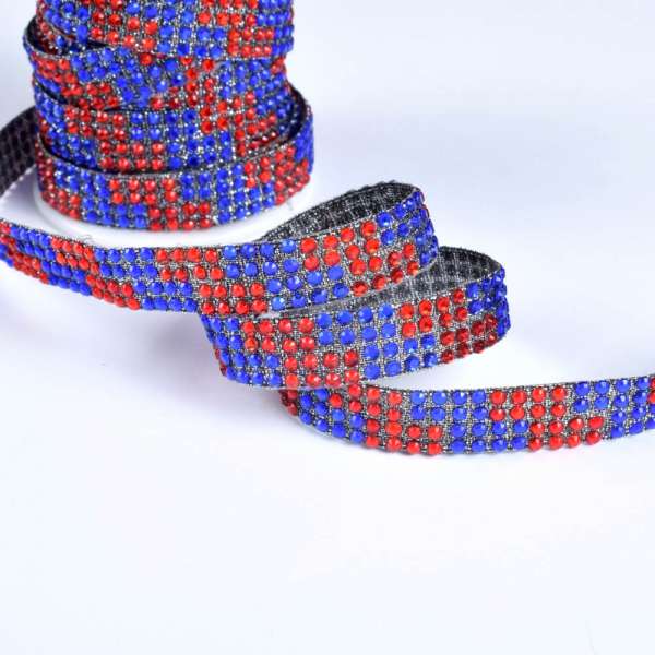 Тесьма отделочная клеевая со стразами 13 см красно-синяя