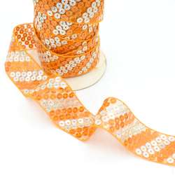 Тесьма с пайетками на капроне 40мм диагональ оранжево-серебристая