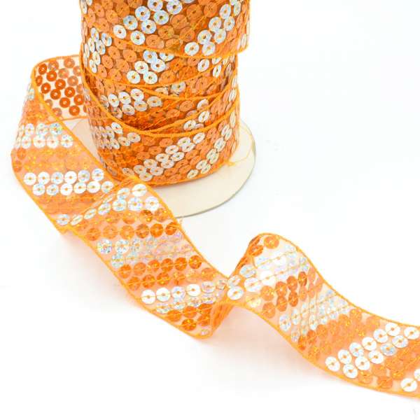 Тесьма с пайетками на капроне 40мм диагональ оранжево-серебристая