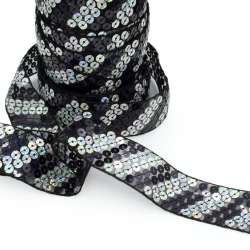 Тесьма с пайетками на капроне 40мм диагональ черно-серебристая