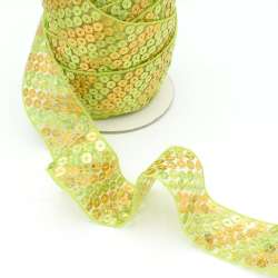 Тесьма с пайетками на капроне 40мм диагональ салатово-золотистая