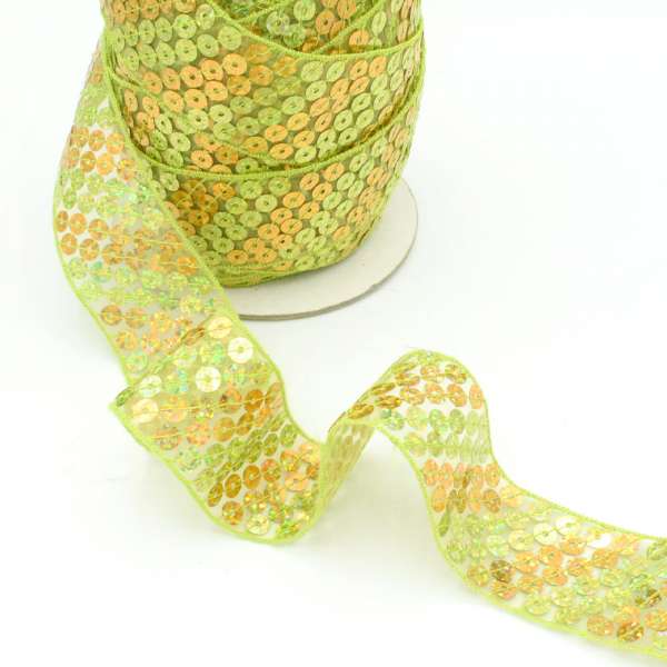 Тесьма с пайетками на капроне 40мм диагональ салатово-золотистая