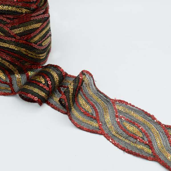 Тесьма декоративная с пайетками 50 мм красно-золотистая на черном