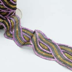 Тесьма декоративная с пайетками 50 мм сиренево-золотистая на черном