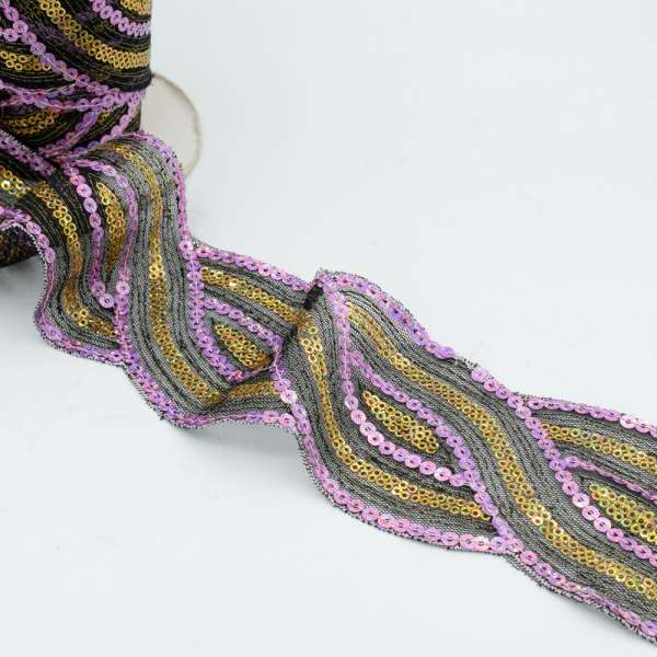 Тесьма декоративная с пайетками 50 мм сиренево-золотистая на черном