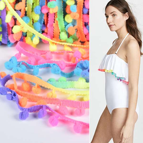 Тесьма с помпонами 10мм радуга (зеленый, синий, оранжевый, розовый, фиолетовый)