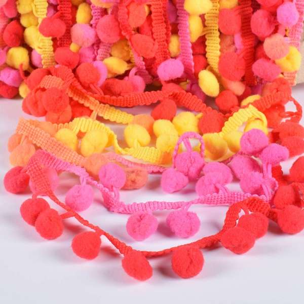 Тесьма с помпонами 10мм радуга (оранжевый, желтый, красный, розовый)