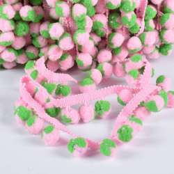 Тесьма с помпонами 10мм розовая, розово-зеленые помпоны
