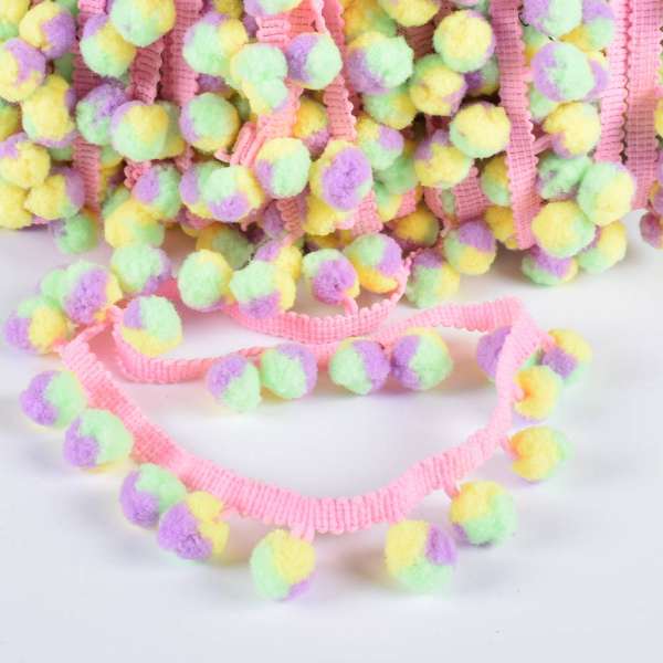 Тесьма с помпонами 10мм розовая, желто-зелено-сиреневые помпоны
