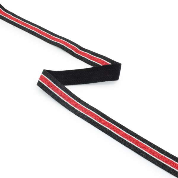 Резинка 20мм черная с красно-белой полоской с люрексом