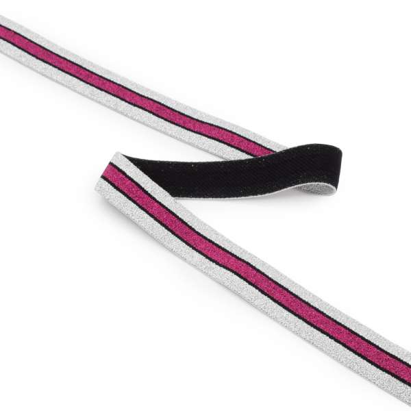 Резинка 20мм серебристая с малиново-черной полоской с люрексом