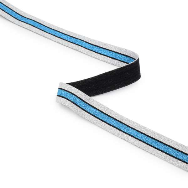 Резинка 20мм серебристая с голубо-черной полоской с люрексом