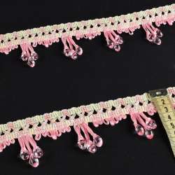Бахрома з намистинами прозорими на плетеній тасьмі 60мм, рожева